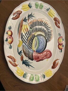 Hand-Painted Turkey Serving Platter ceramic, grandmacore, colorful Thanksgiving